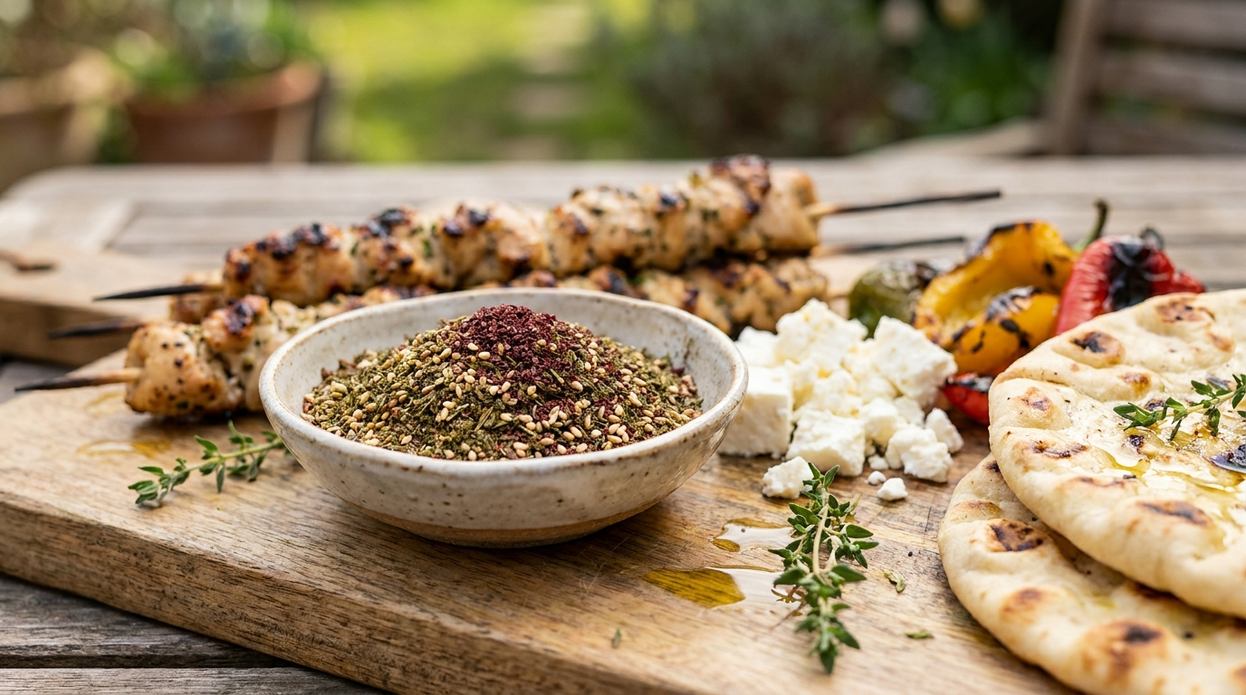 Za’atar Rub mit Sesam, Sumach, Kräutern und Grillgemüse
