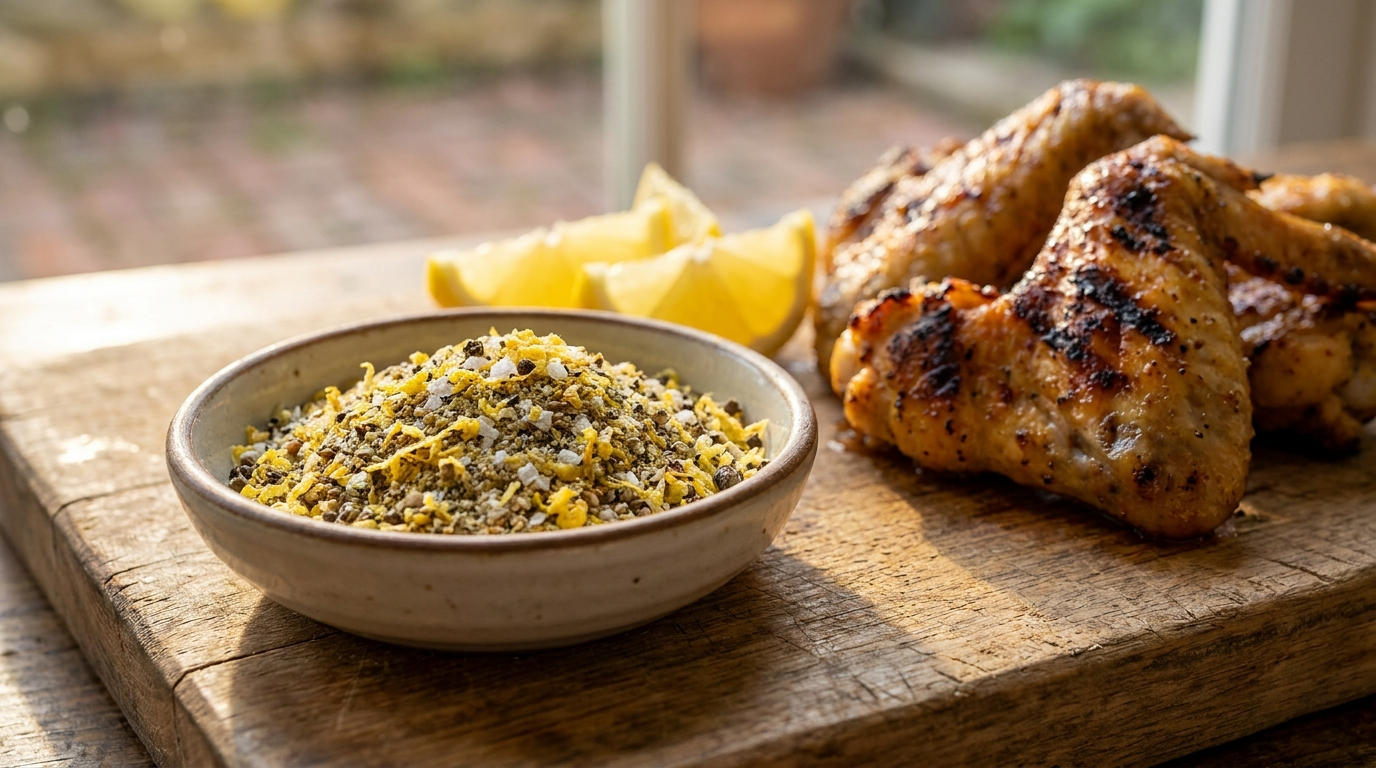 Lemon Pepper Rub mit Zitronenschale, Pfeffer und gegrillten Chicken Wings