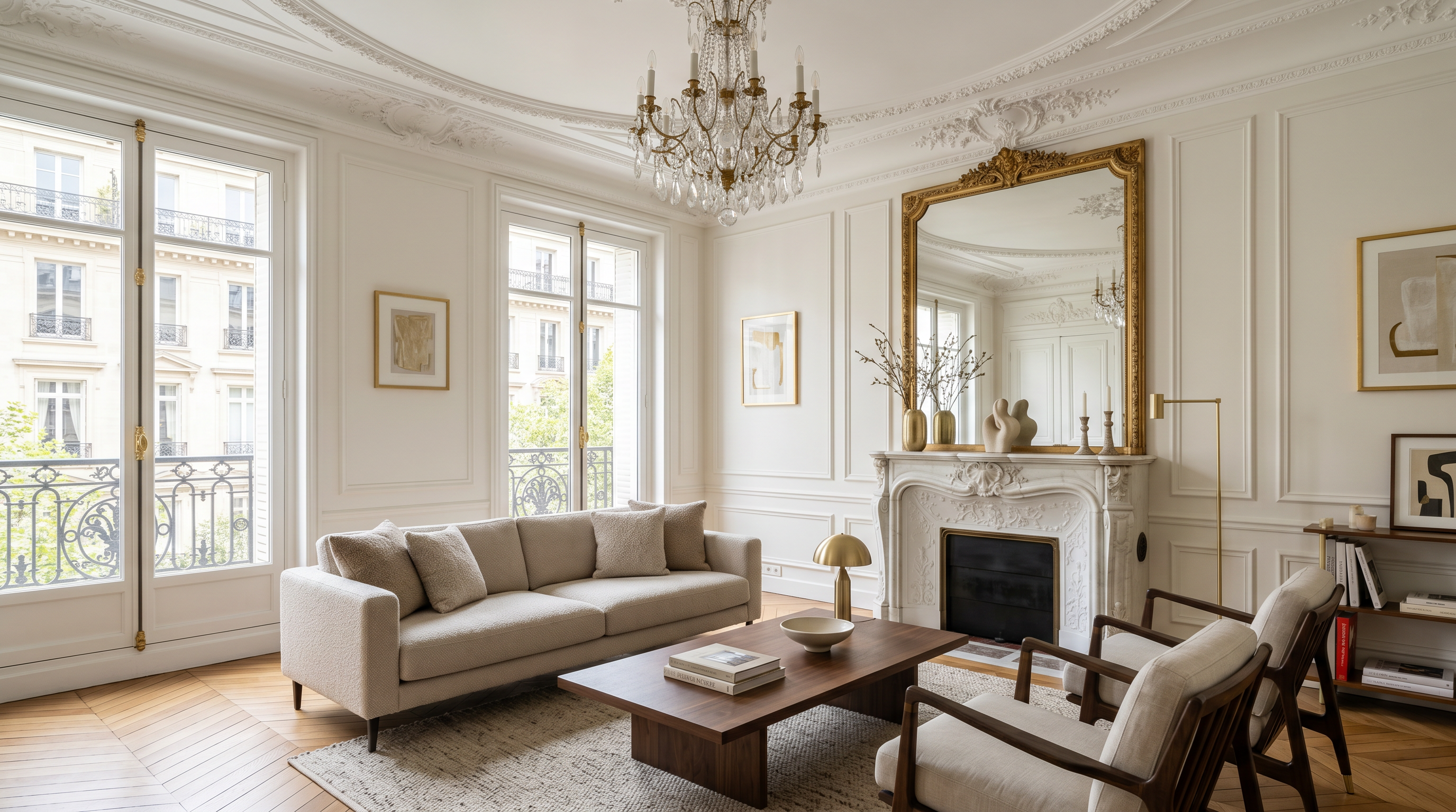 Salon haussmannien parisien avec moulures, chemin&eacute;e en marbre et lustre en cristal