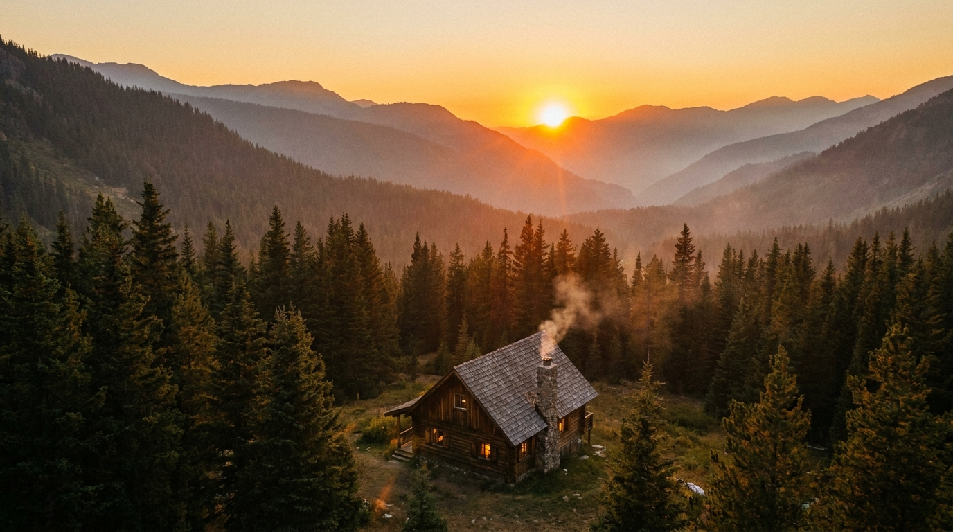 A wooden cabin in a pine valley as the sun sets between layered mountain ridges, smoke curling from the chimney