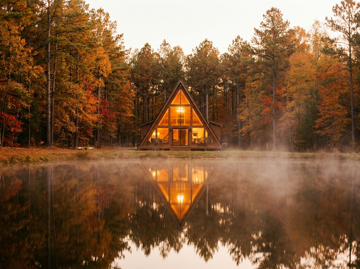 A glass-gabled A-frame cabin glowing warm at dusk, reflected in a still misty pond ringed by autumn forest