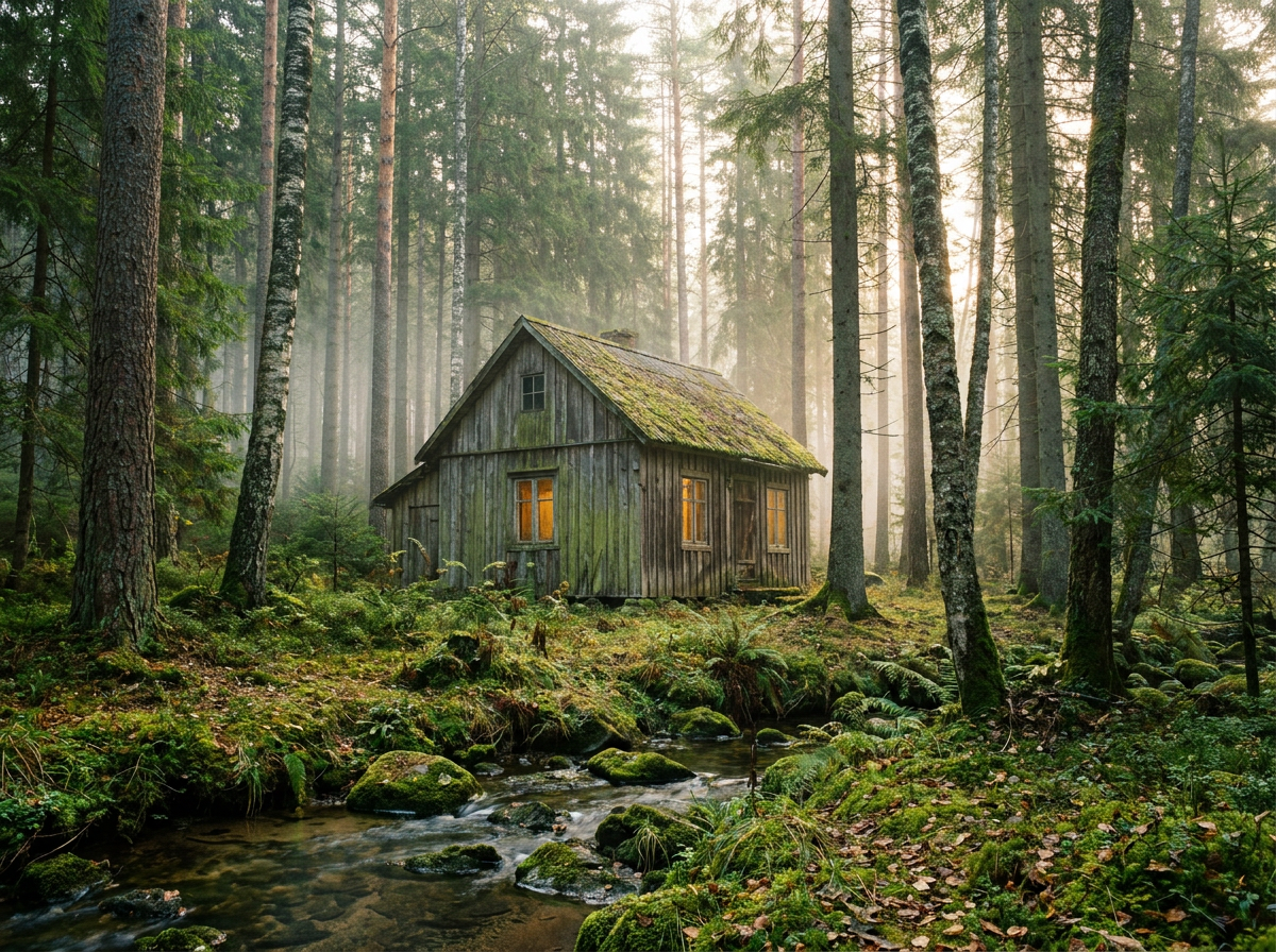 A weathered wood cabin with glowing windows deep in misty pine forest, a small creek running past in the foreground
