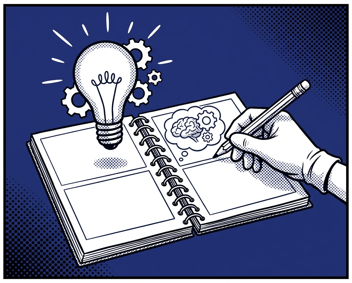 Eine Hand zeichnet ein Storyboard