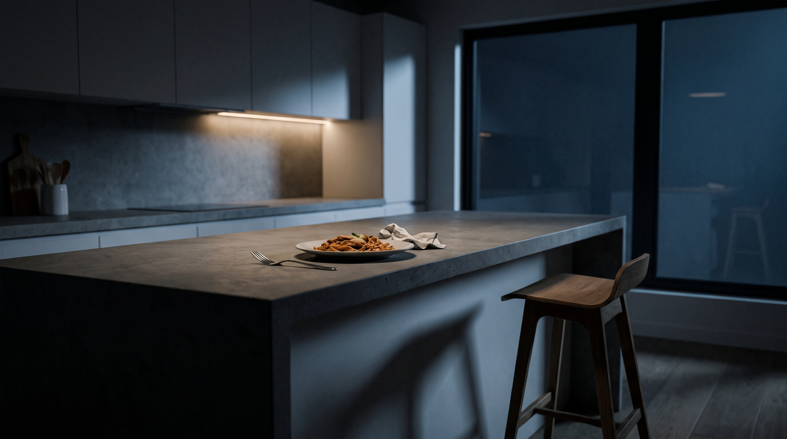 A half-eaten meal abandoned on a dark kitchen counter