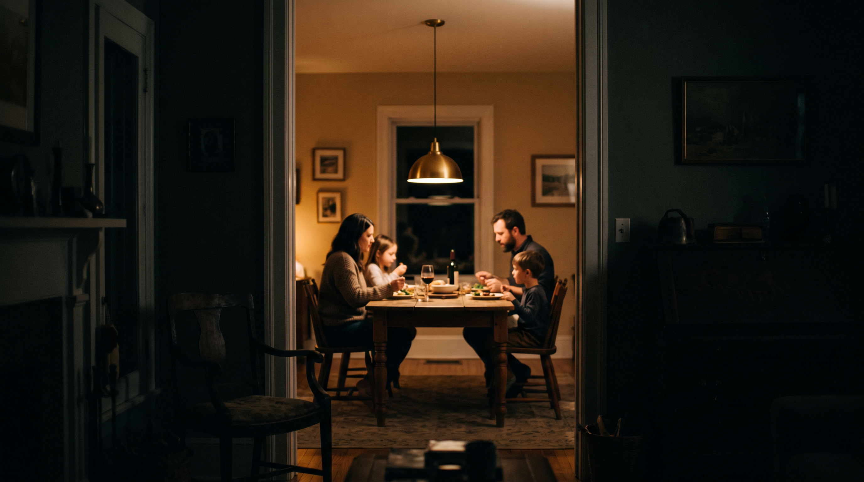 A family at dinner seen from a darkened room