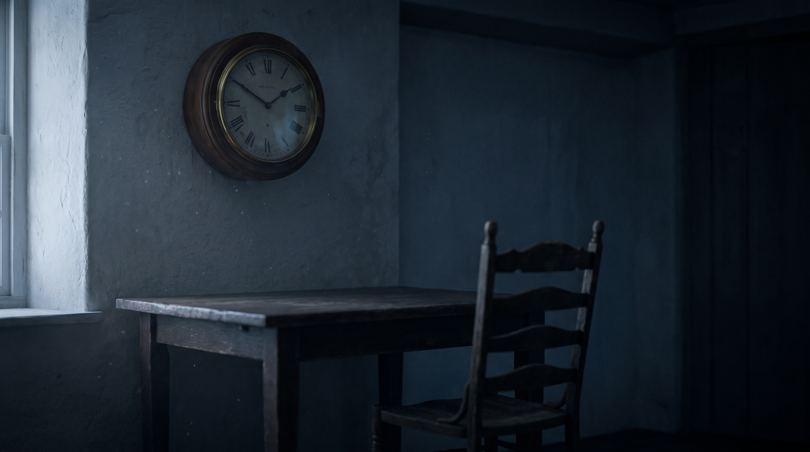 A clock in a dim empty dining room