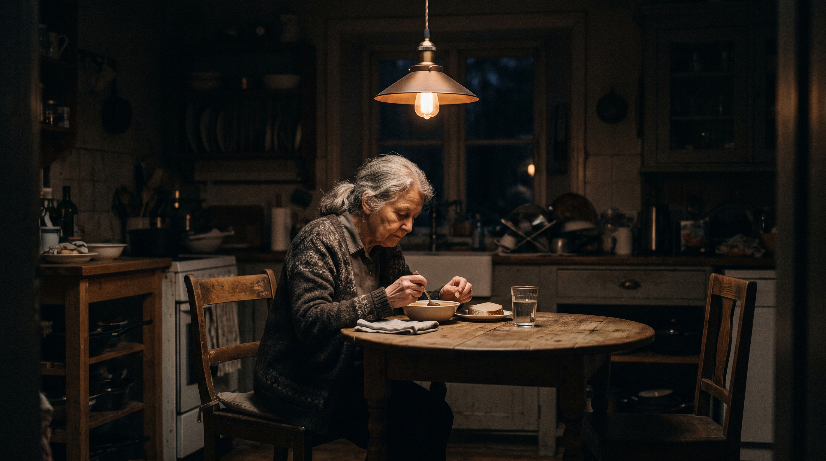 An older woman eating alone late in the evening