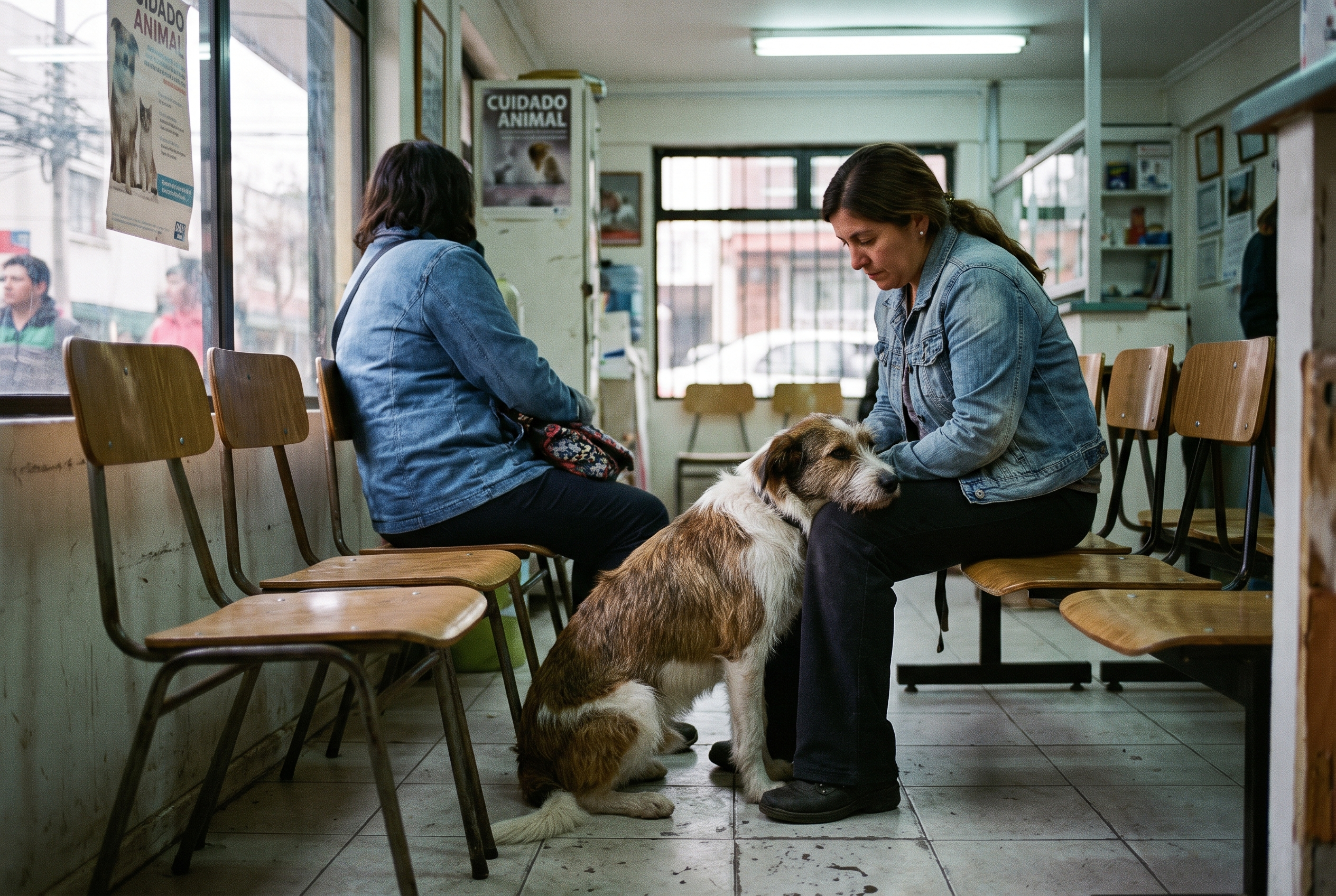 Una mujer esperando sentada en una clínica veterinaria con su perro apoyado entre sus piernas