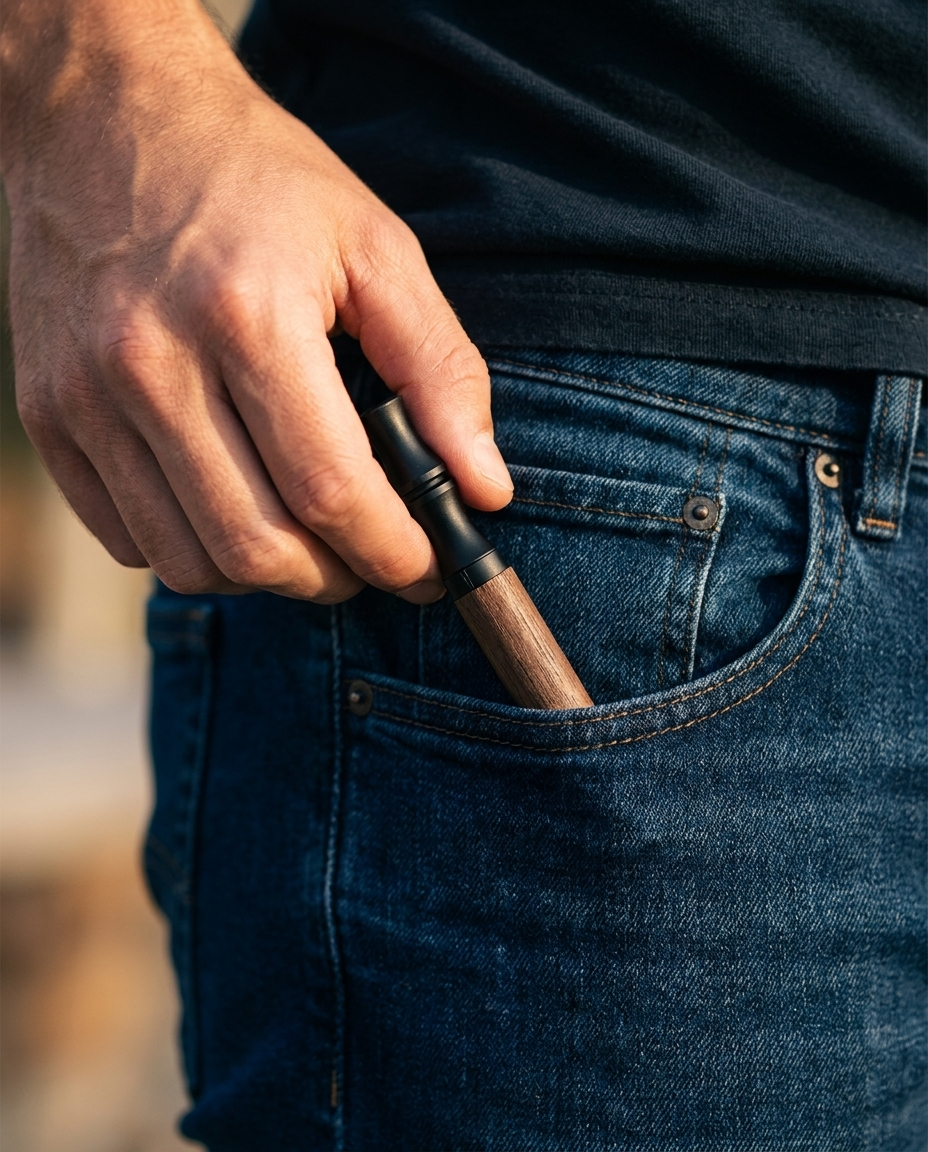 HÜM device in shirt chest pocket — everyday carry