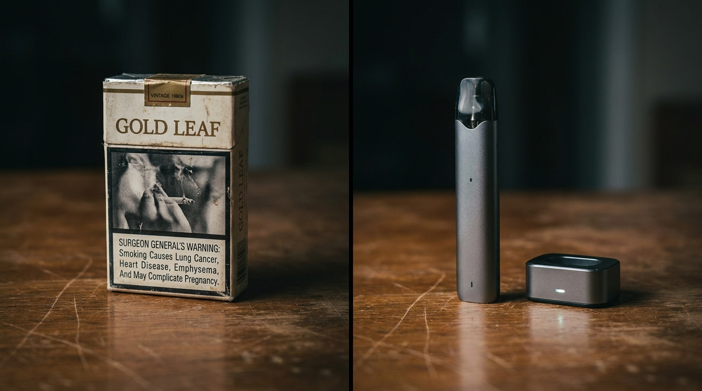 1980s cigarette pack next to modern pod vape — same treatment, different addiction