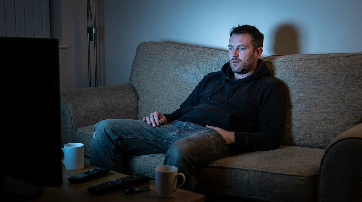 Man exhausted on sofa at night, hand drifting instinctively toward his pocket