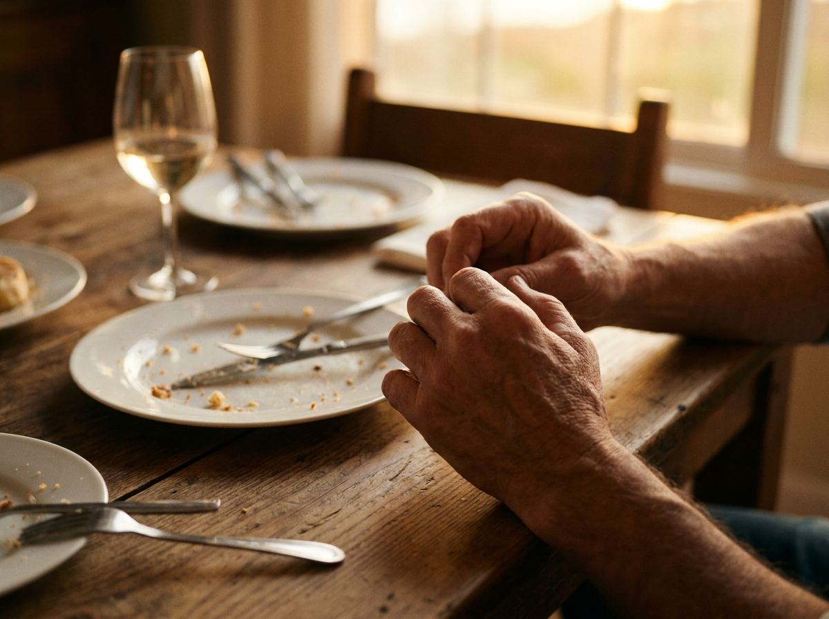 Empty hands on table after a meal — nowhere for the hand to go