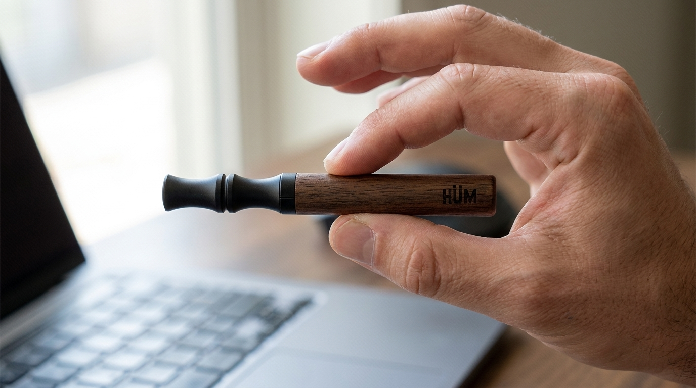 Man holding HÜM device naturally toward his mouth at work