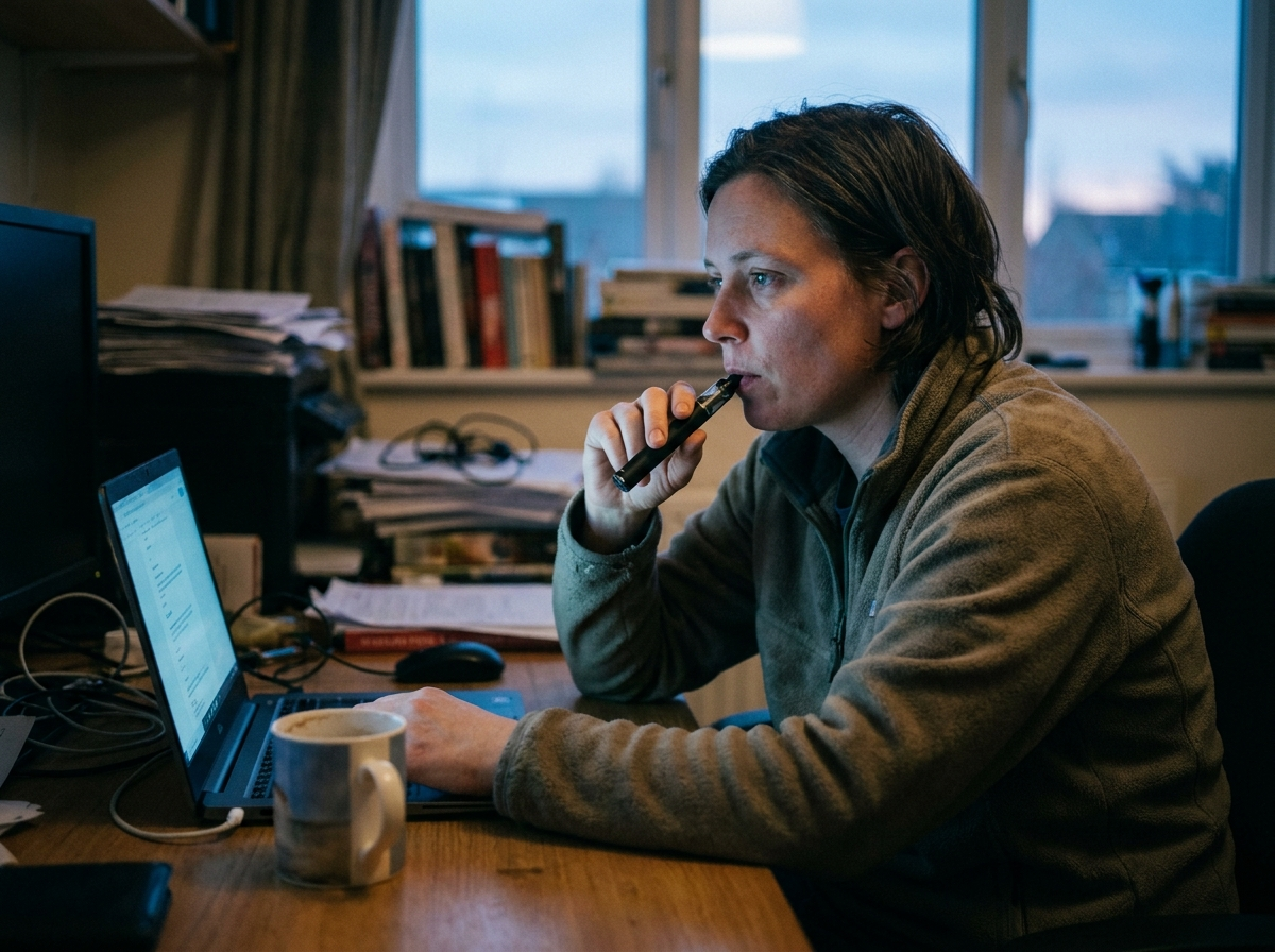 Person unconsciously vaping at their desk