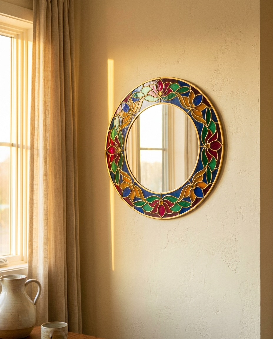 Mirror with a stained glass floral border