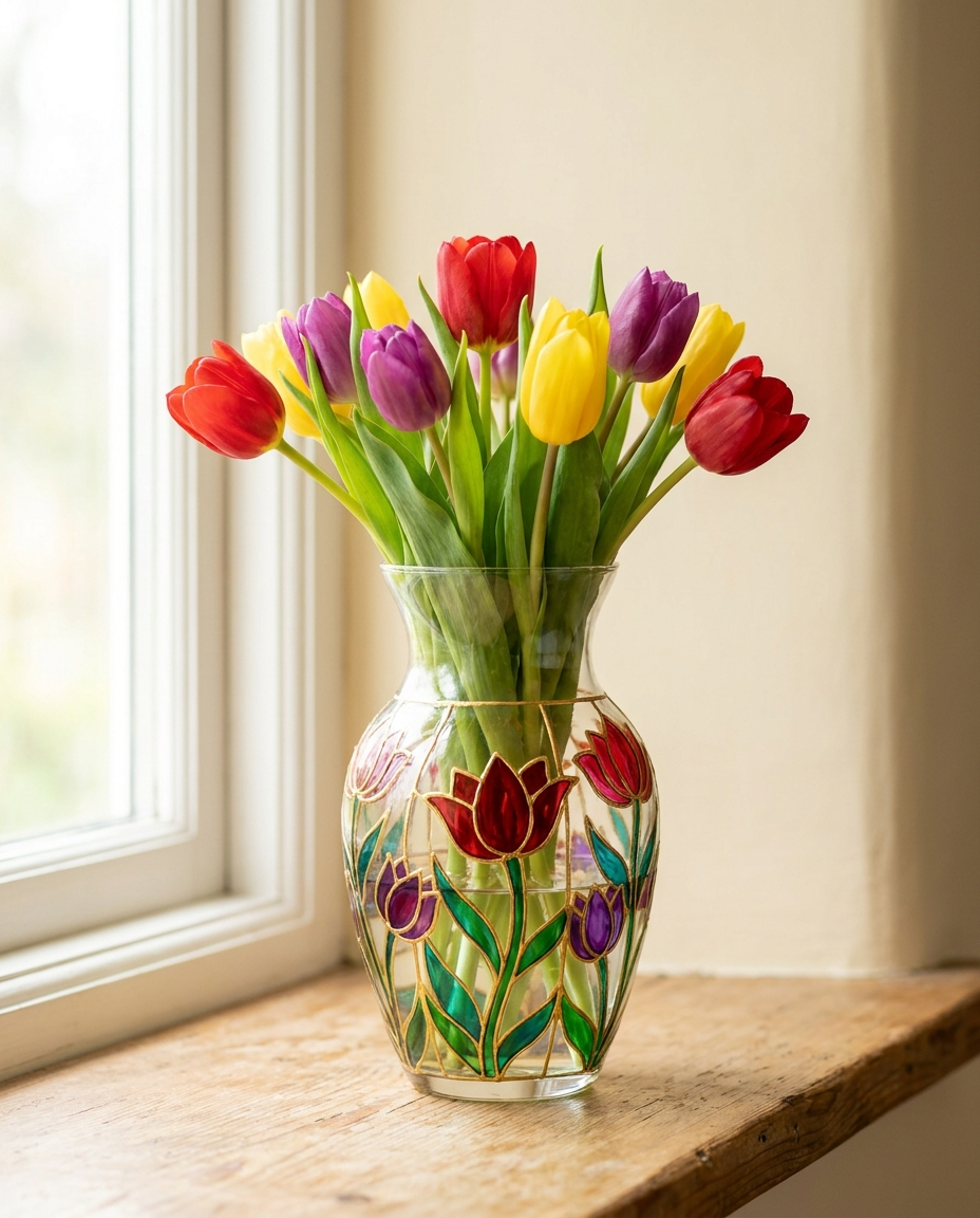 Painted glass vase with tulips