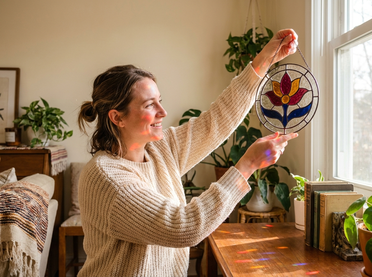 Holding a finished suncatcher to the light