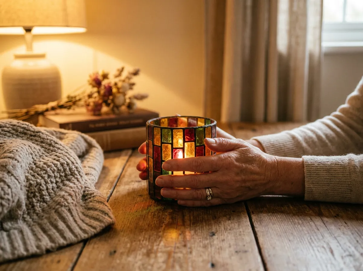 Hands around a glowing candle holder