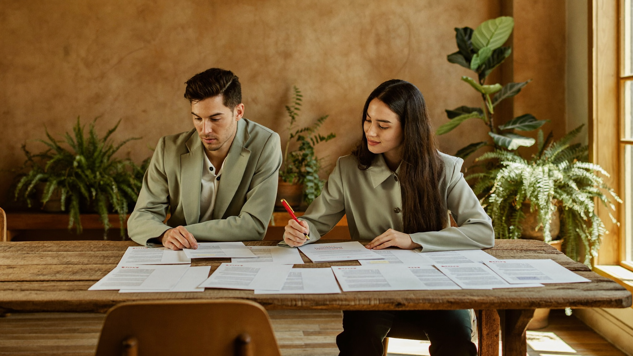 Hiring manager reviewing a salary benchmarking report at a wooden desk with greenery in a Durban office