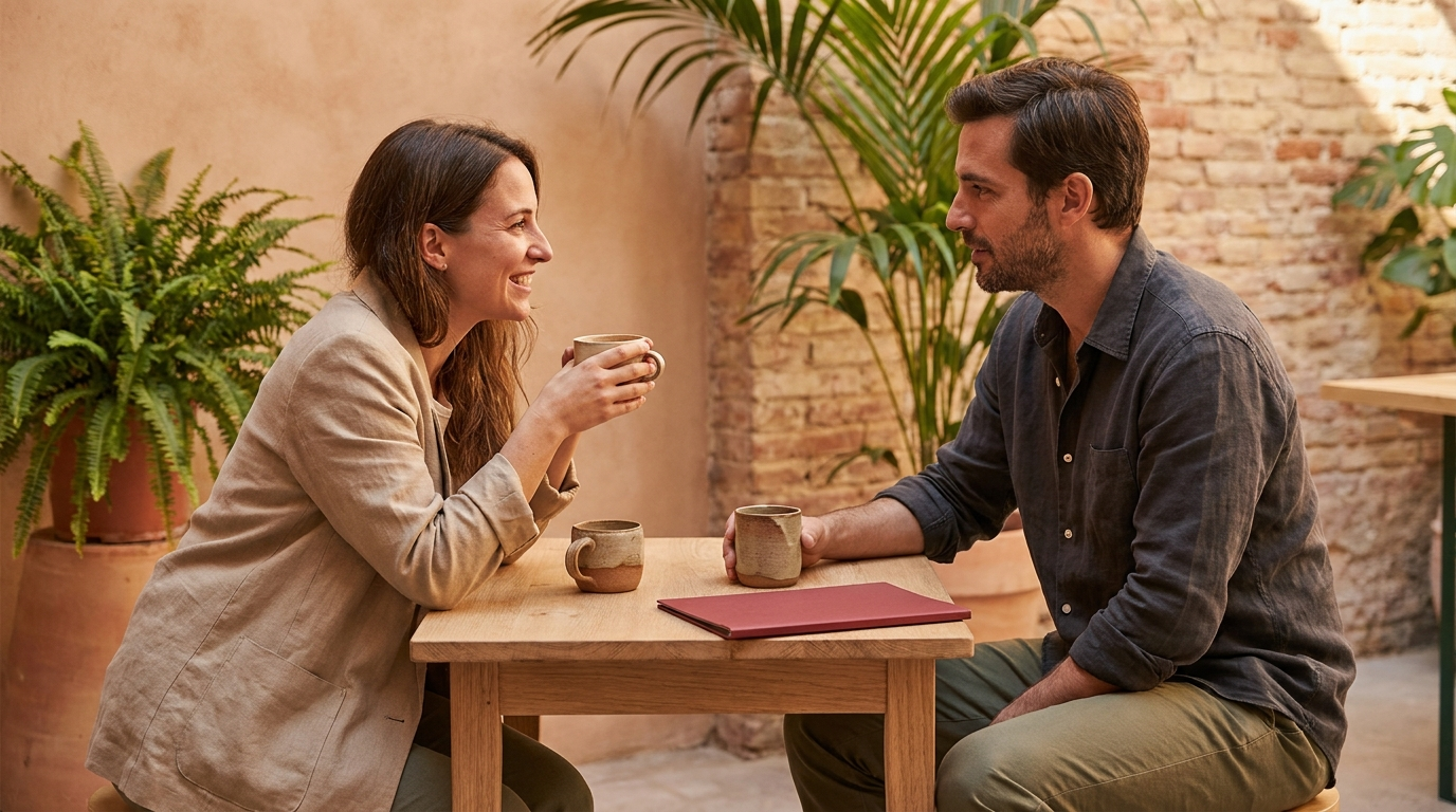 Recruitment consultant listening to a business owner across a small oak table in their workplace, greenery and coffee cups in frame