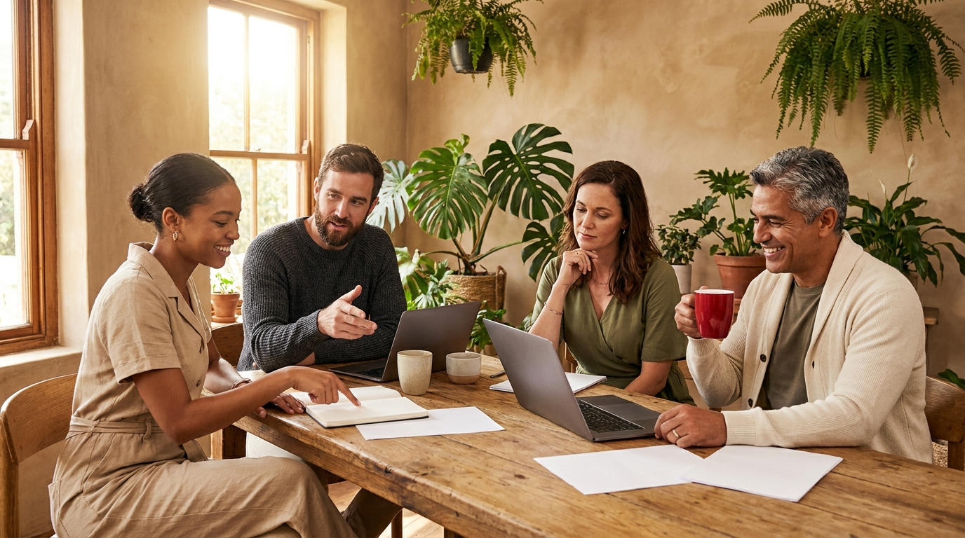 Four South African professionals spanning several generations working together around an oak table in a warm, plant-filled office