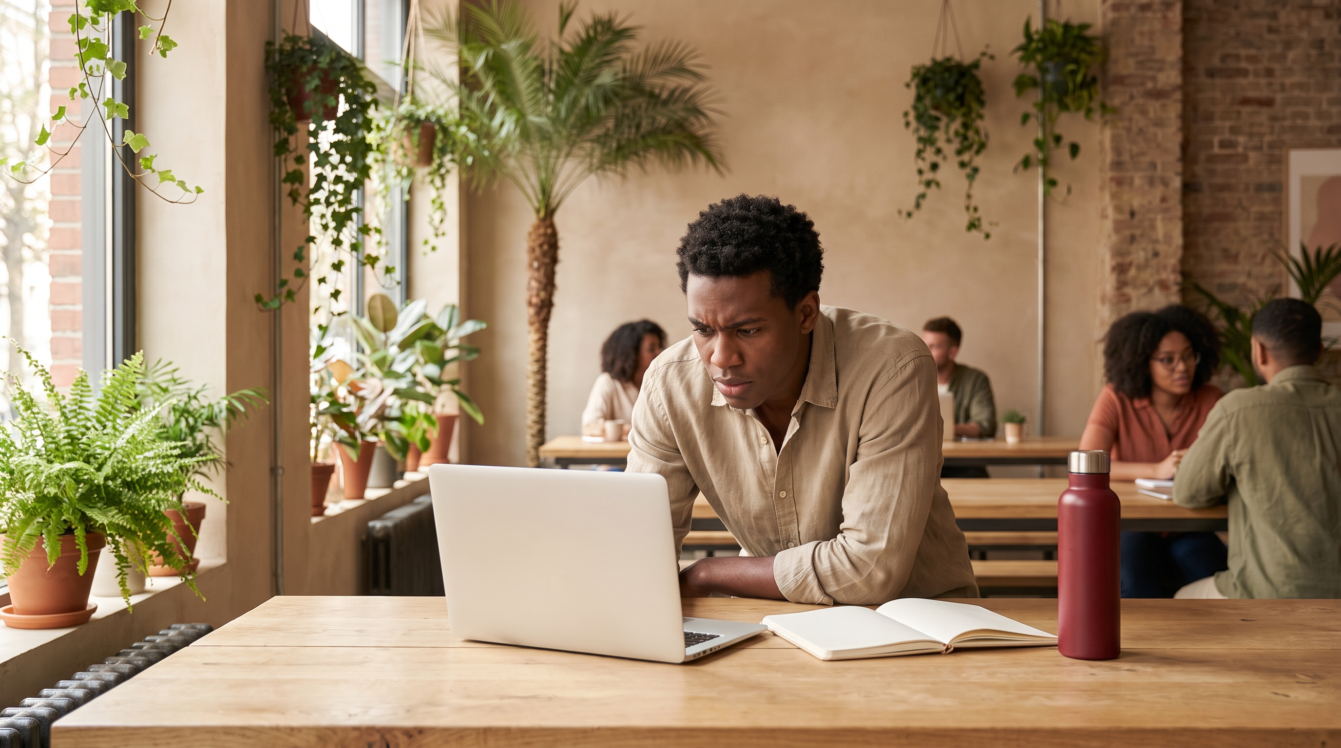 Young South African professional working with focus at a communal table in a bright, plant-filled co-working space