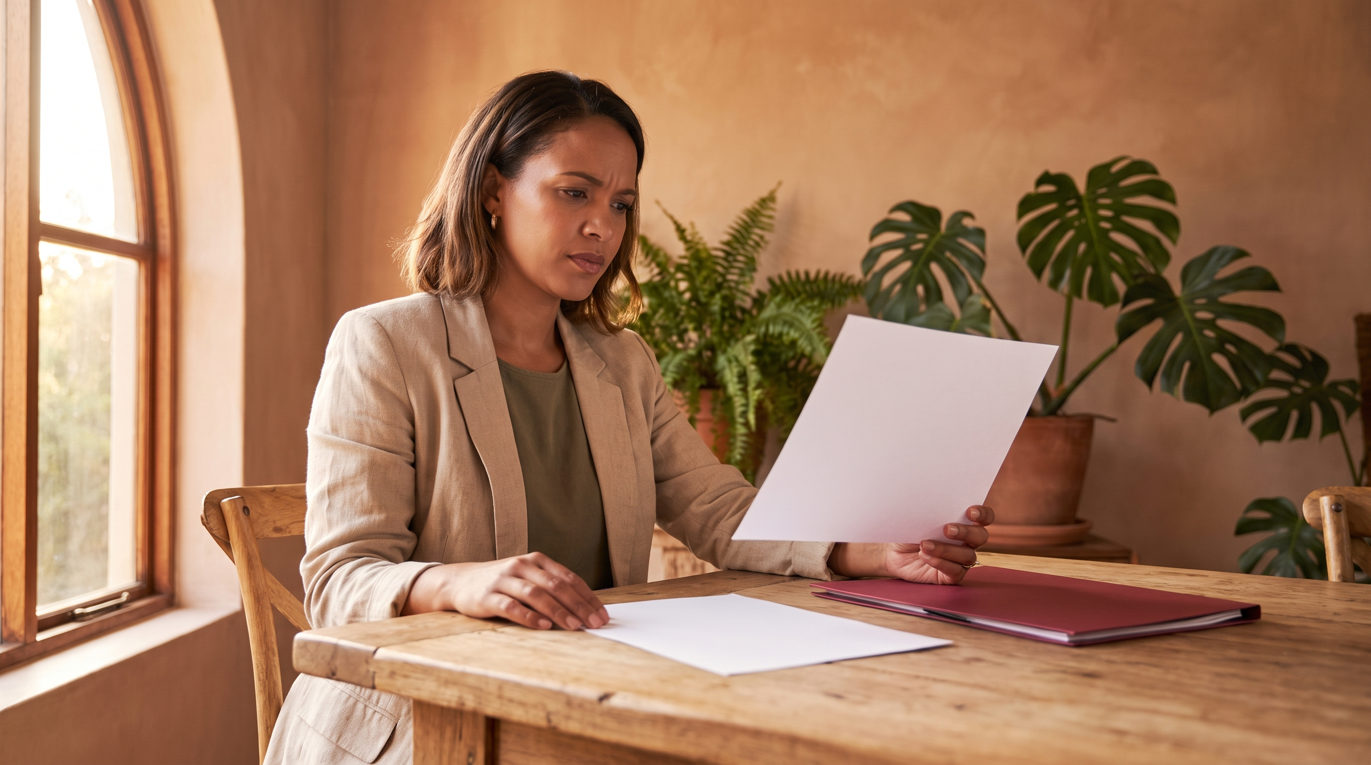 South African professional beside a sunlit window considering two blank documents at an oak table