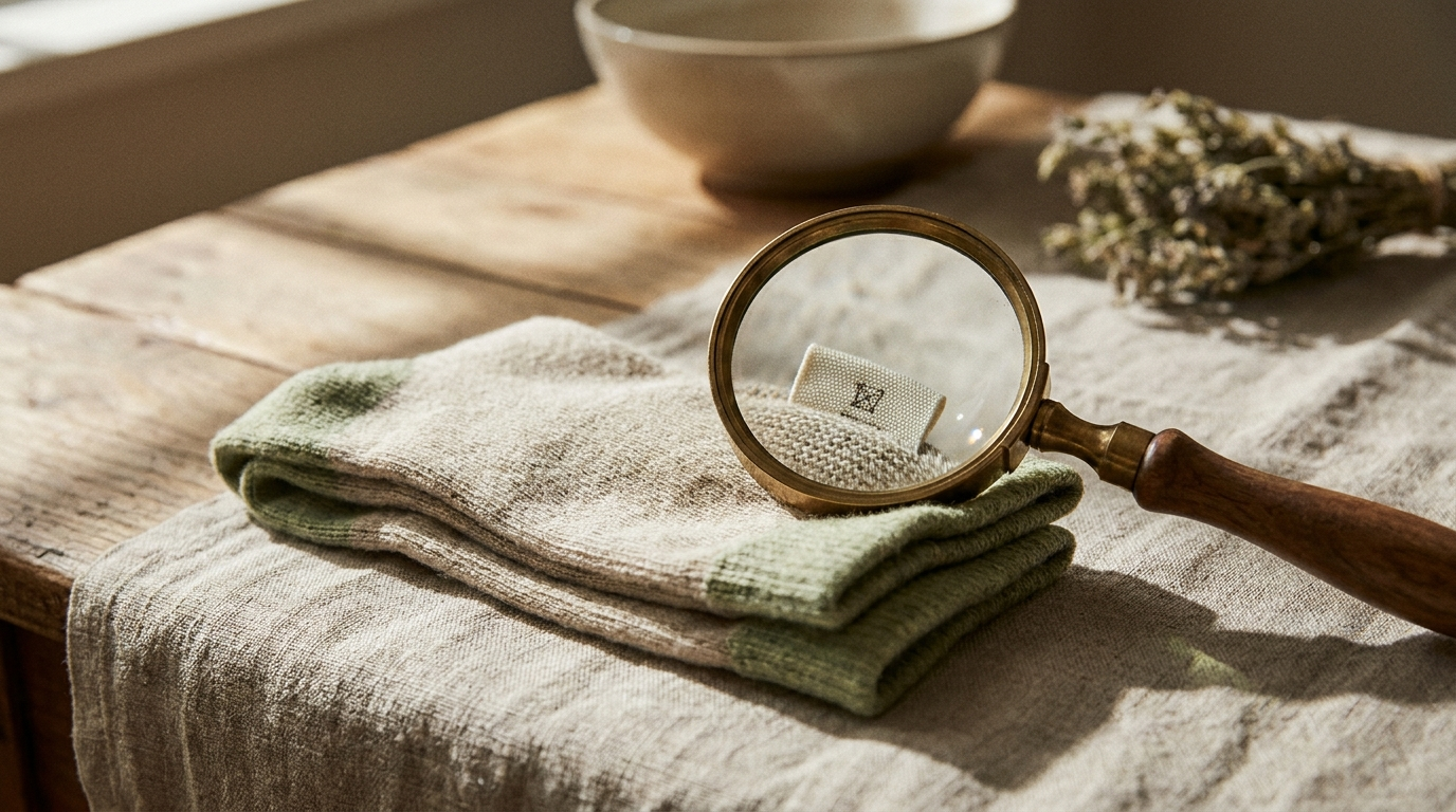Folded organic cotton socks beside a vintage magnifying glass over a fabric care label