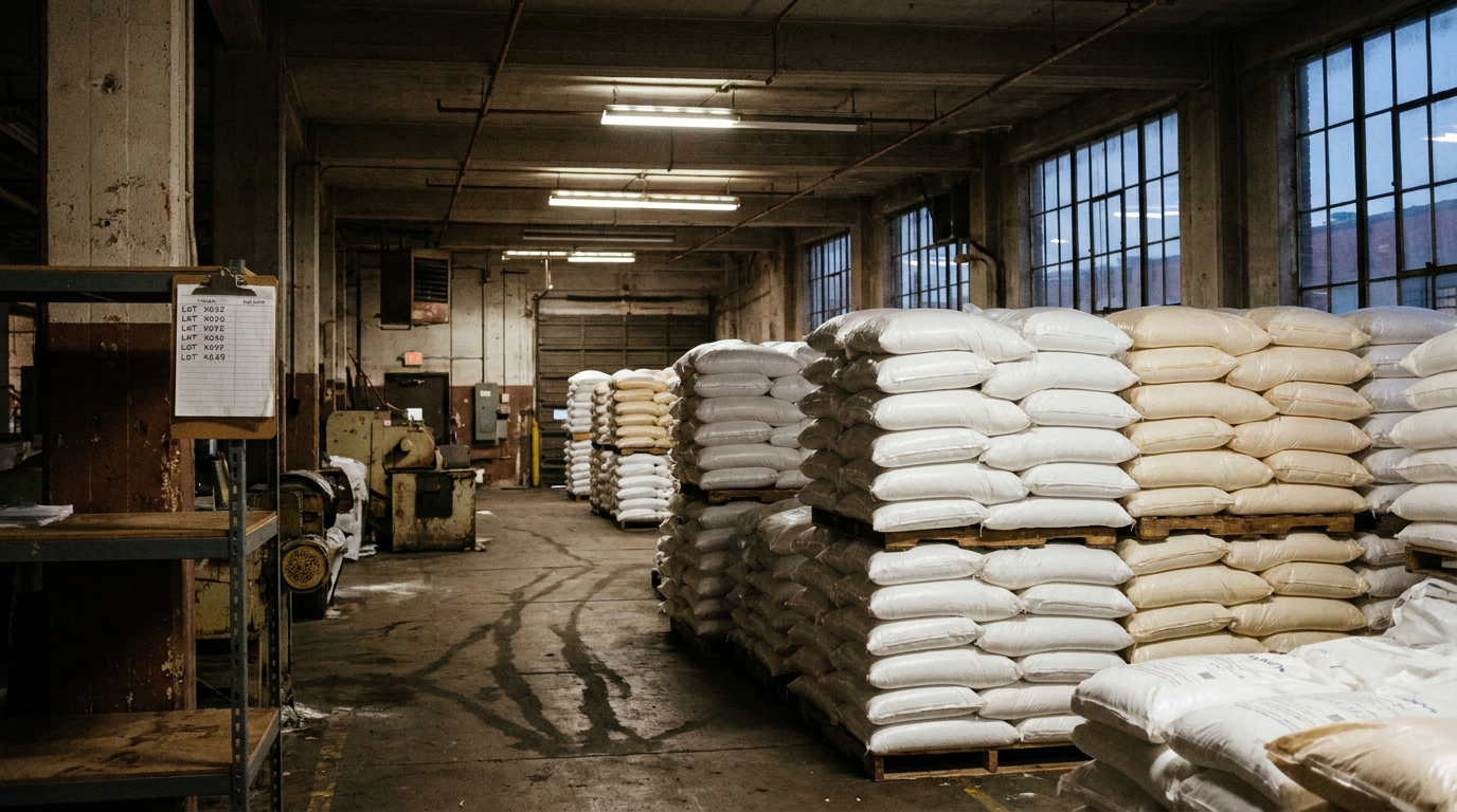 Industrial textile facility receiving bay at dawn with pallets of white supersacks of plastic pellets and a clipboard of lot numbers under fluorescent light