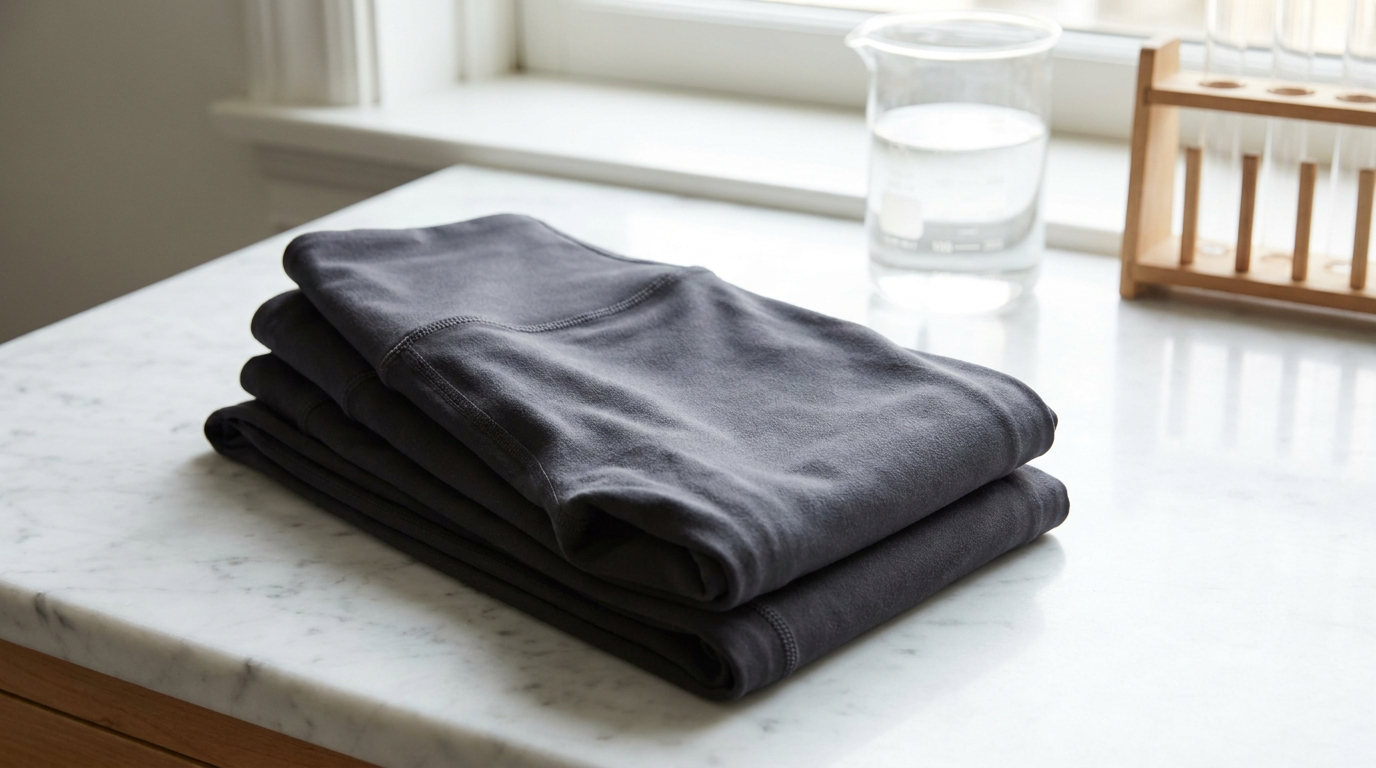 Close-up of dark athletic leggings folded on white marble beside a laboratory beaker and test tube rack in soft focus, natural window light