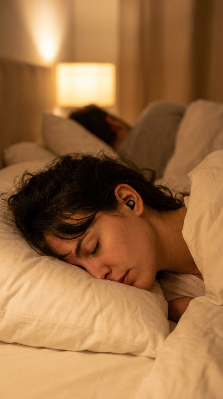 Femme dormant paisiblement avec BYLUNOO — bouchon invisible