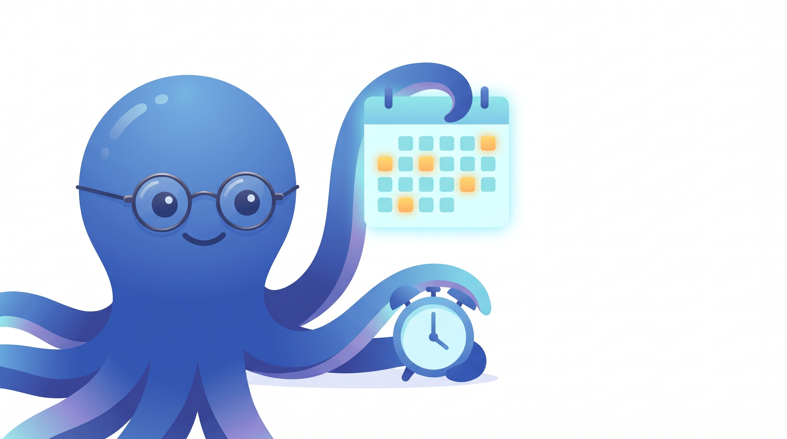 A cartoon octopus mascot holding up a glowing calendar with several days marked in amber, beside a small alarm clock.