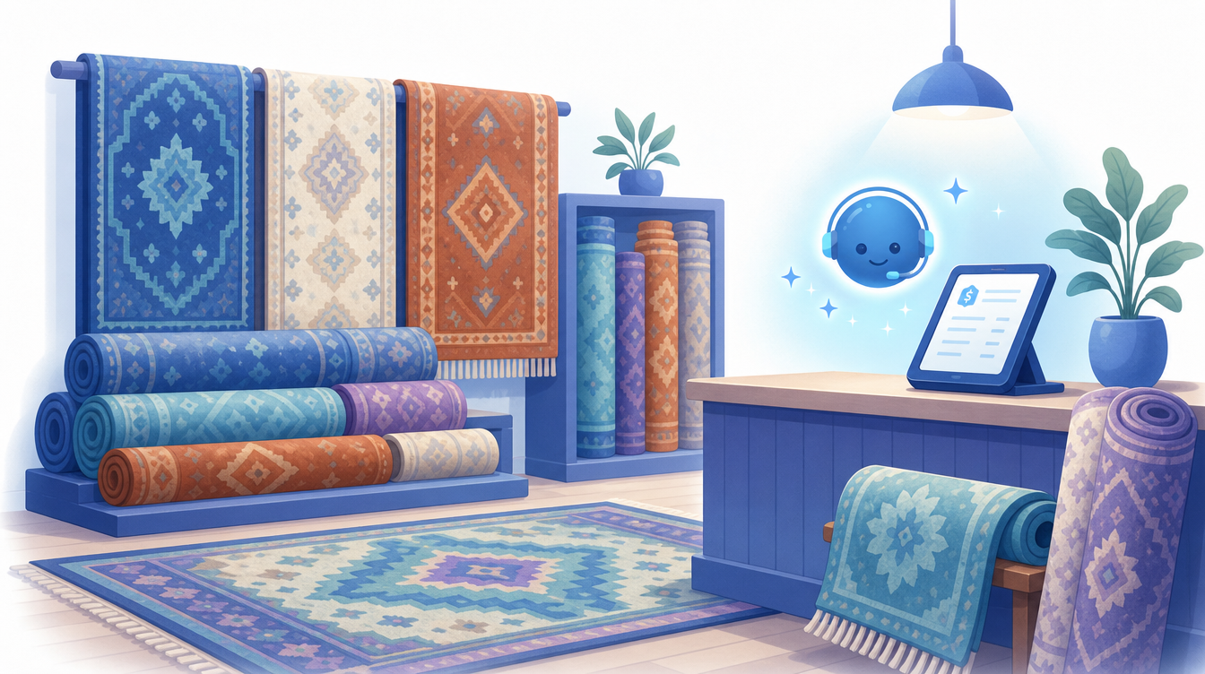 A cozy rug showroom illustration with rolled and hanging rugs, a friendly blue AI assistant mascot, and a tablet point-of-sale screen on the counter.