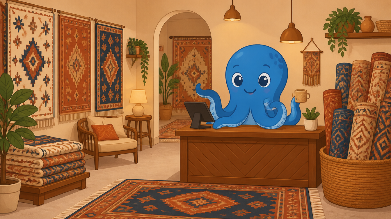 A cozy illustrated rug shop with rolled and hanging rugs, a friendly blue octopus mascot behind the counter with a tablet POS