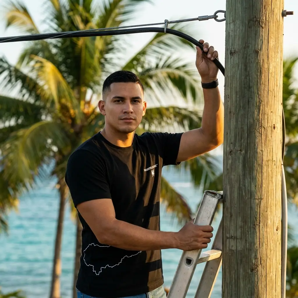 Técnico instalando cableado en altura