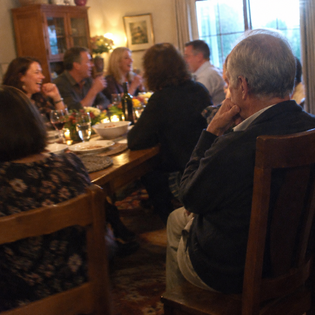 An older man alone at the edge of a loud family dinner, catching none of it