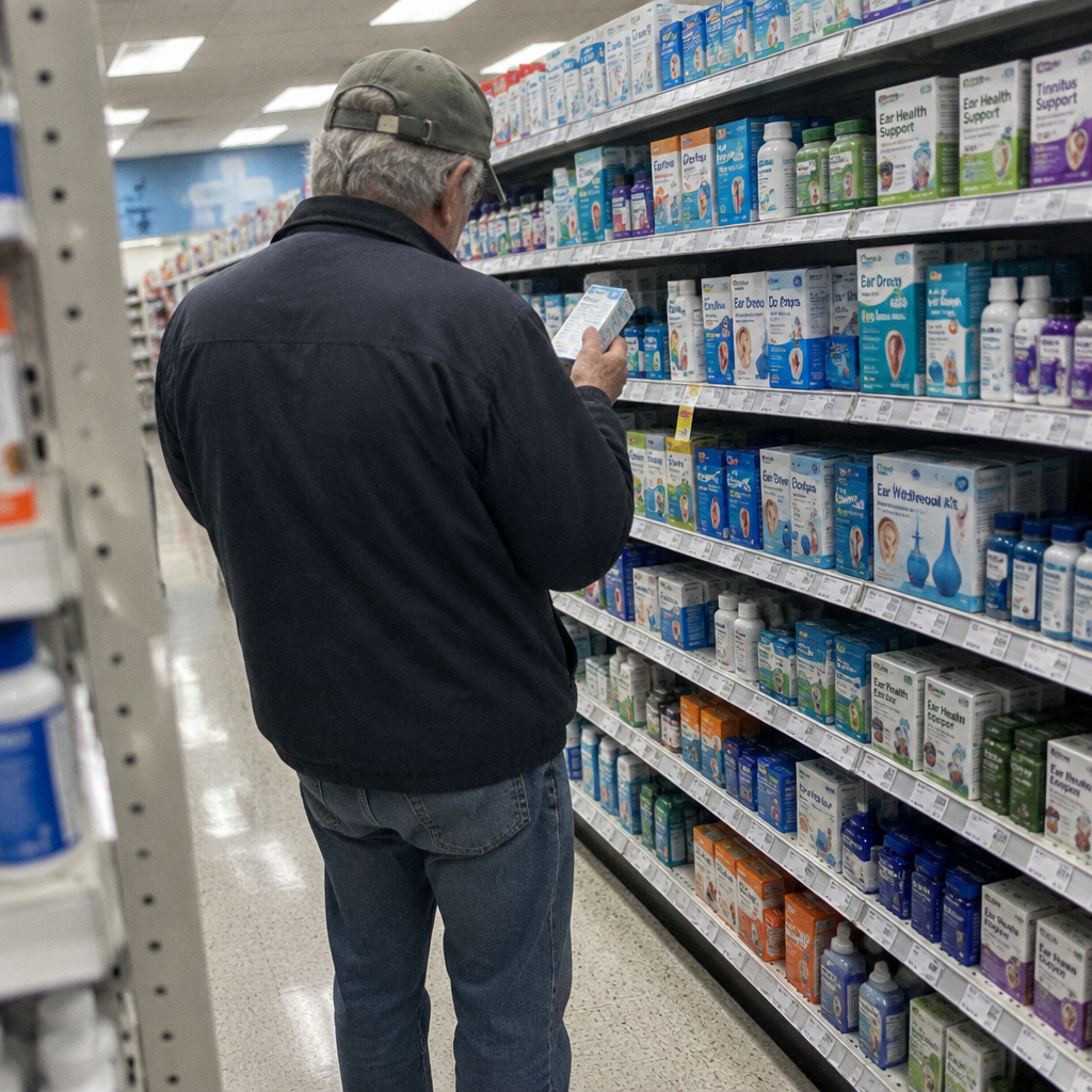 Drugstore aisle of ear care and hearing products