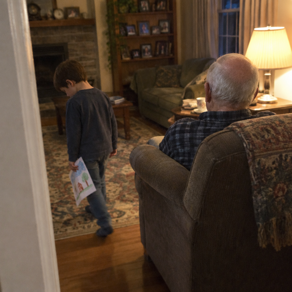 Elderly person alone at a table, family blurred in the background