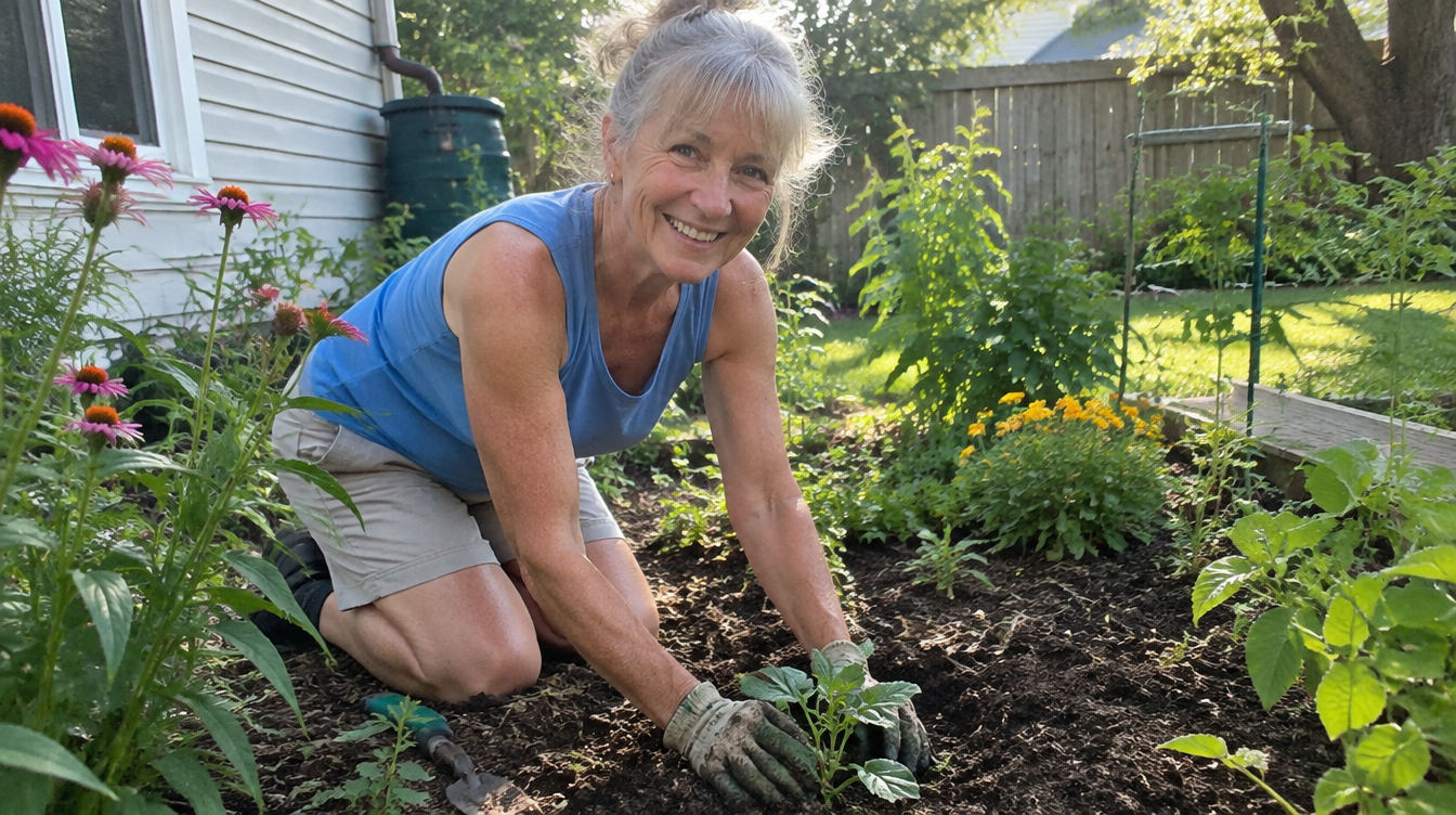 A vibrant older woman back in her garden