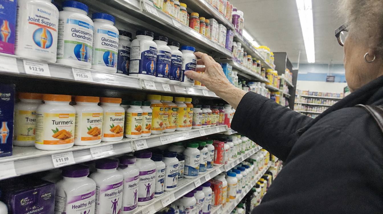 A drugstore aisle of joint and healthy-aging supplements