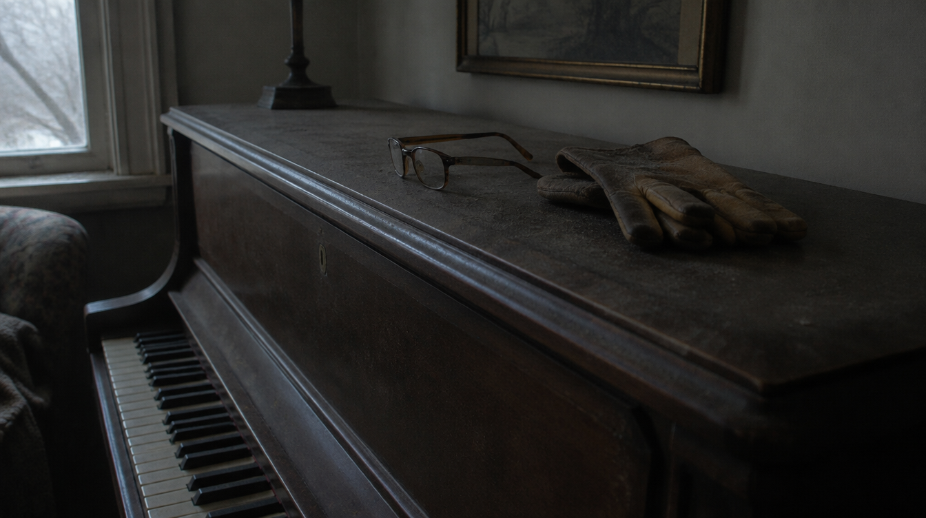 Reading glasses and garden gloves left on a closed piano