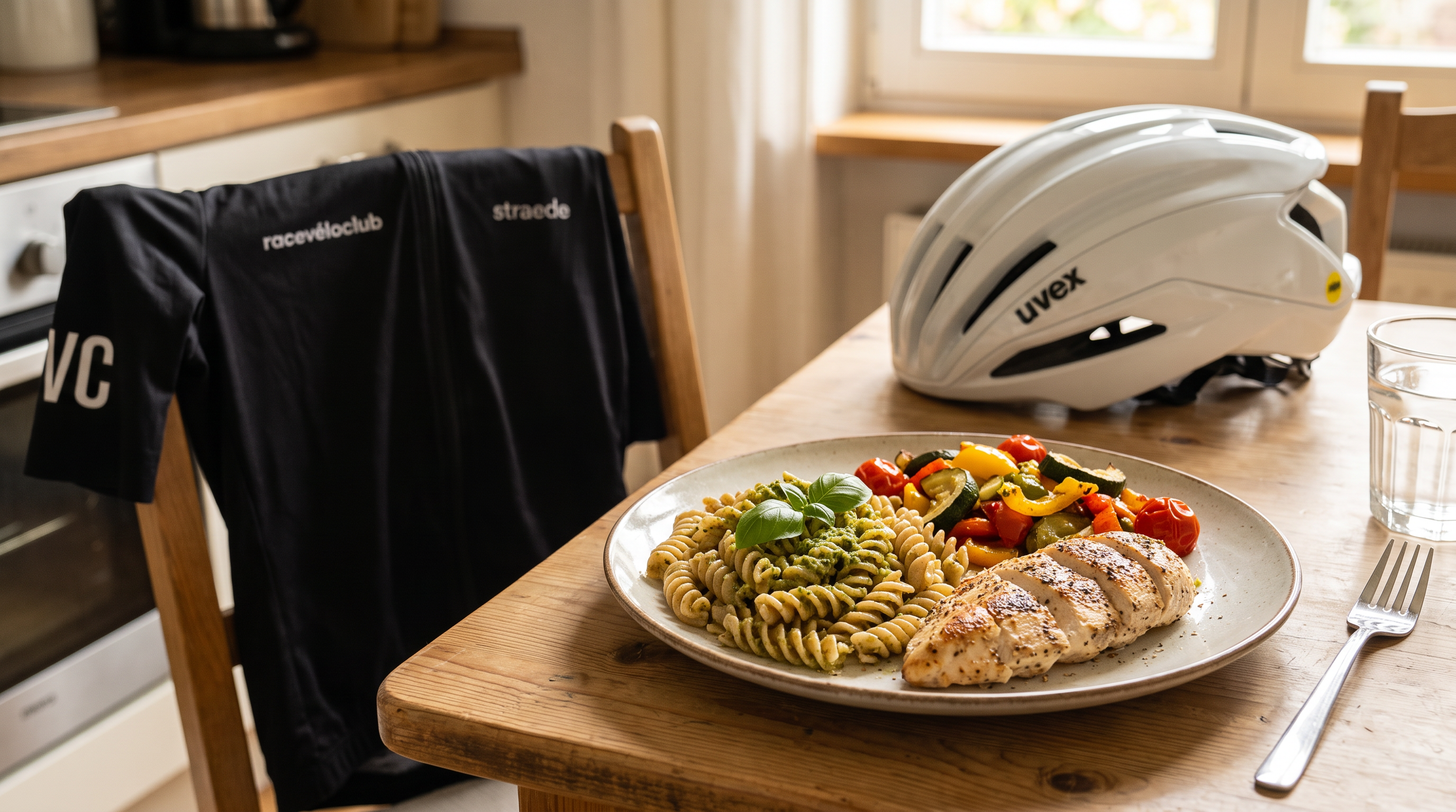 Mittagsteller mit Helm und Trikot im Hintergrund
