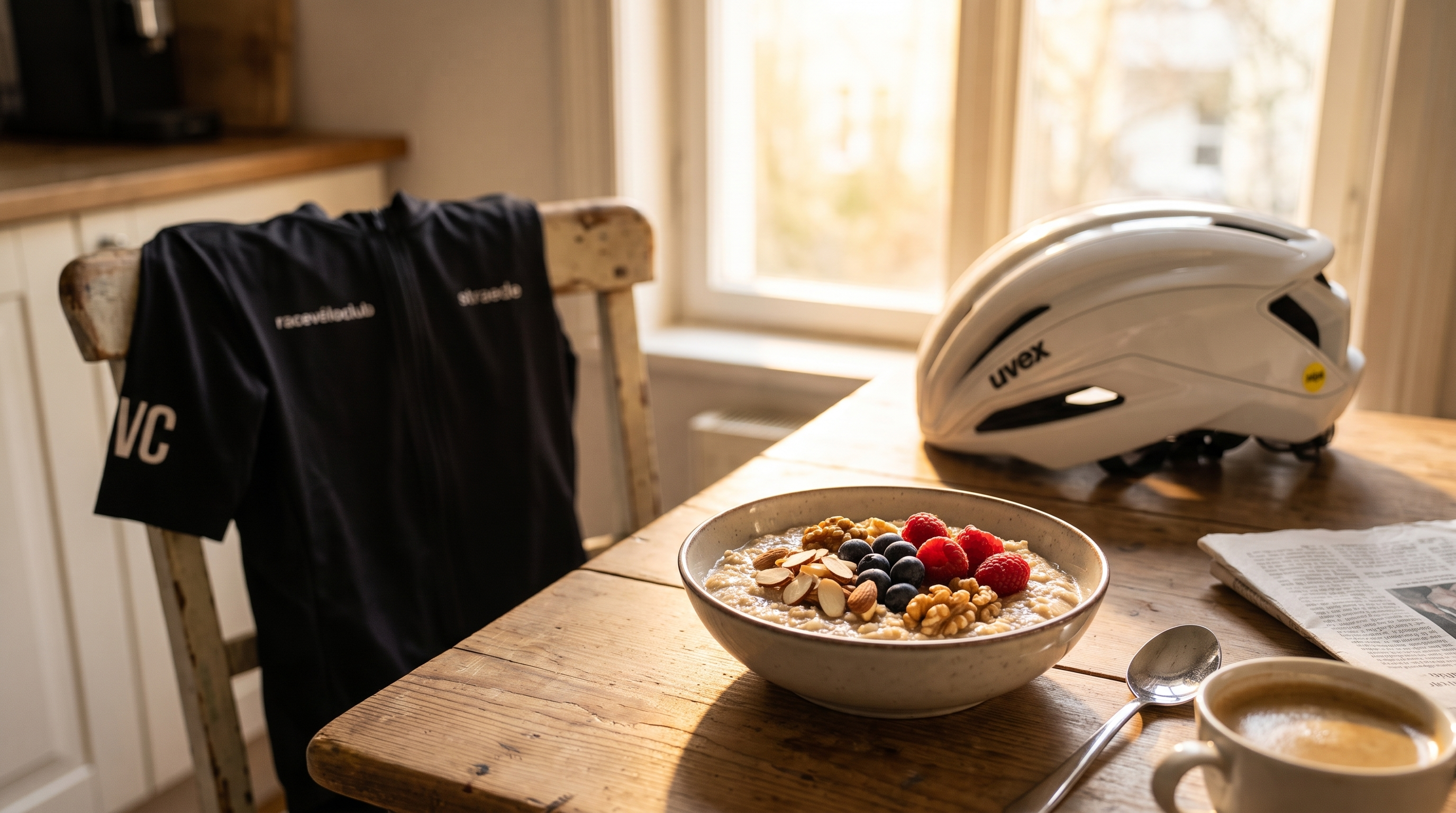 Frühstückstisch mit Helm und Trikot im Hintergrund