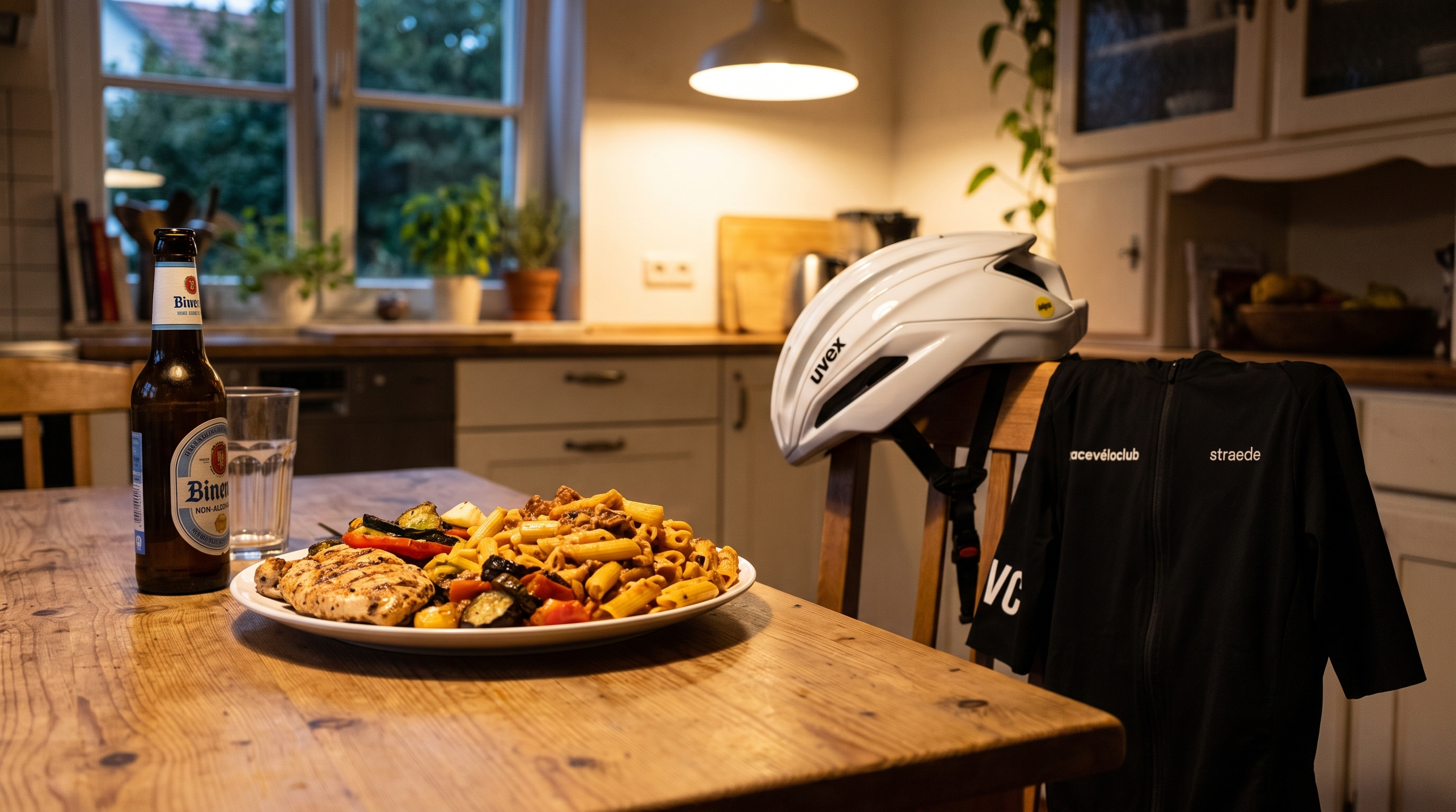 Abendtisch mit Regenerationsmahlzeit, alkoholfreiem Bier, Helm und Trikot im Hintergrund
