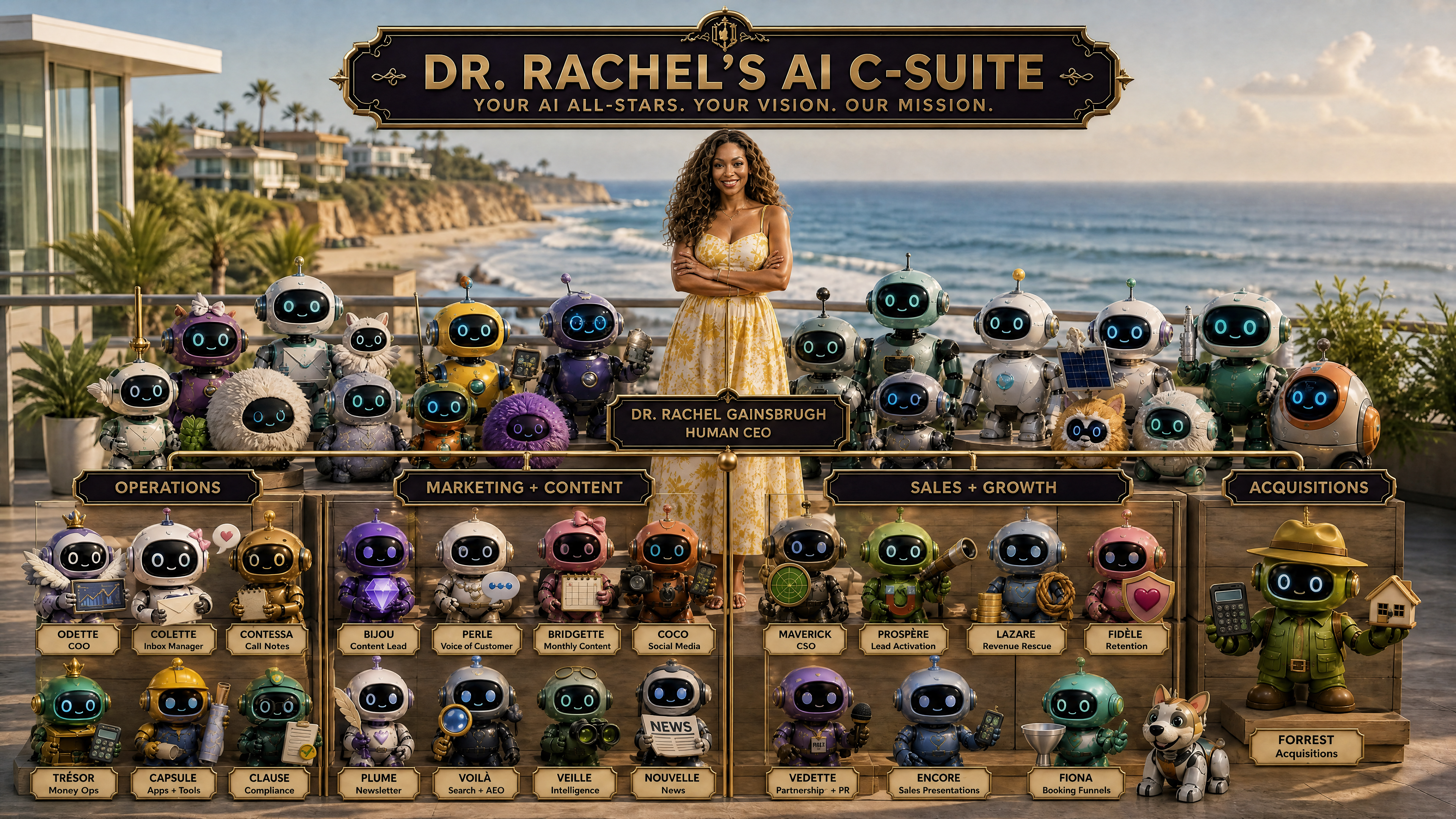 Dr. Rachel's AI C-Suite with specialized AI roles for operations, marketing, sales, and acquisitions