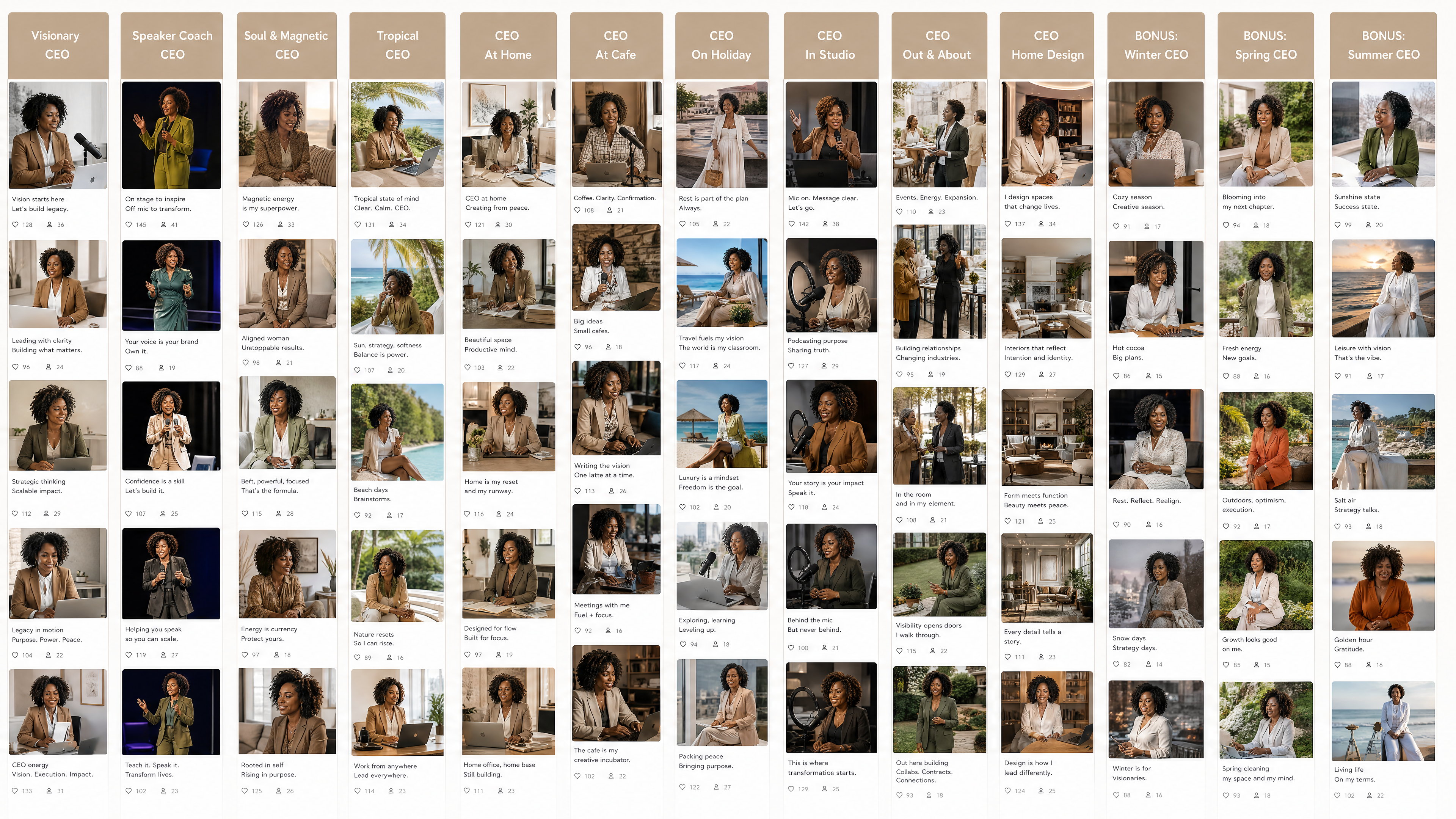 Preview of the 90-Day Content Engine visual library with CEO brand categories and seasonal bonuses