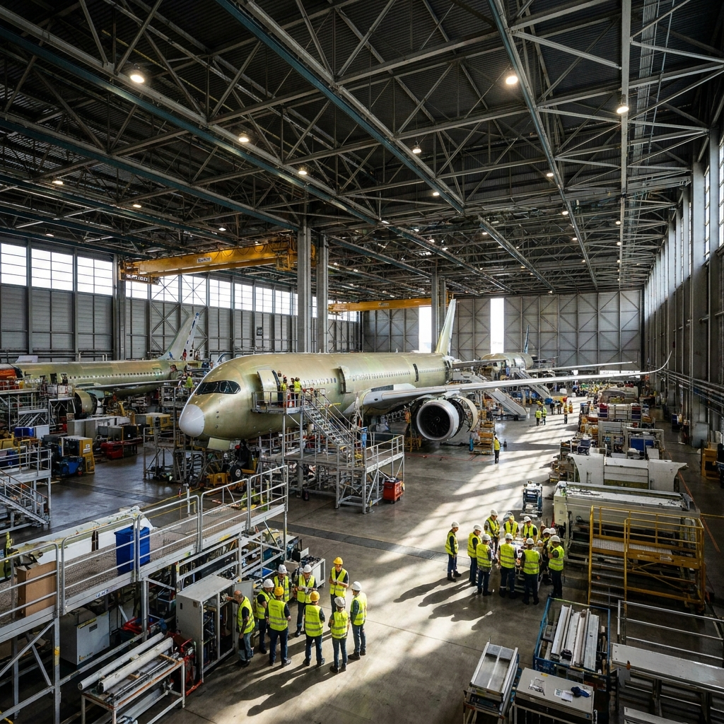 Airbus A350 aircraft assembly line in Toulouse factory