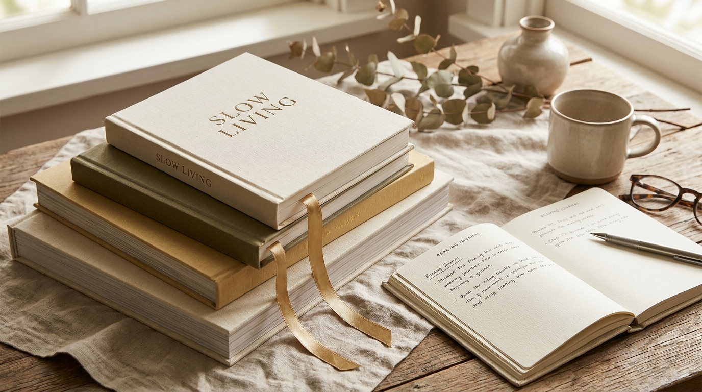 Curated stack of hardcover books in warm natural light with gold ribbon bookmark