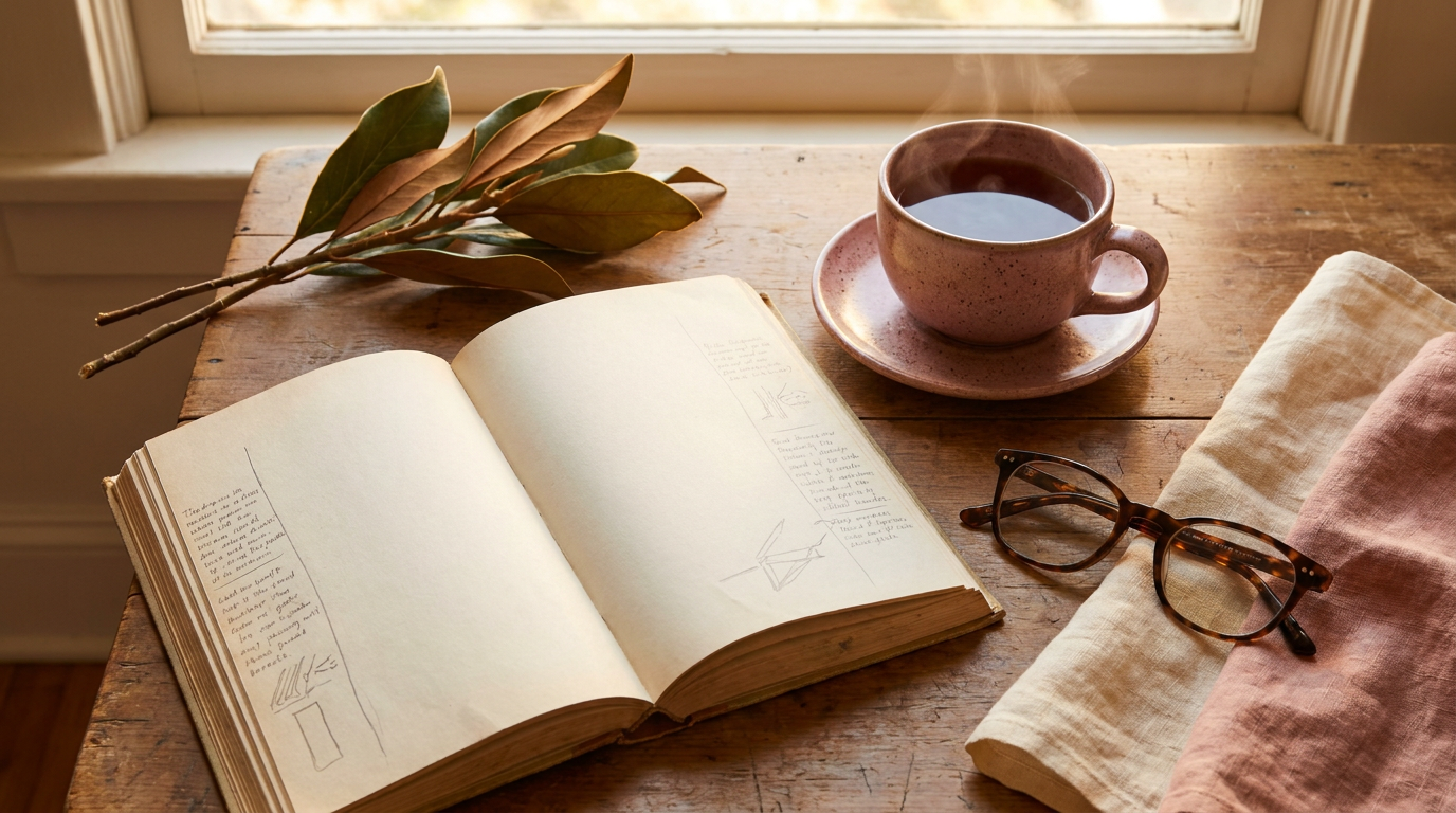 Open book with handwritten notes beside a ceramic cup of tea