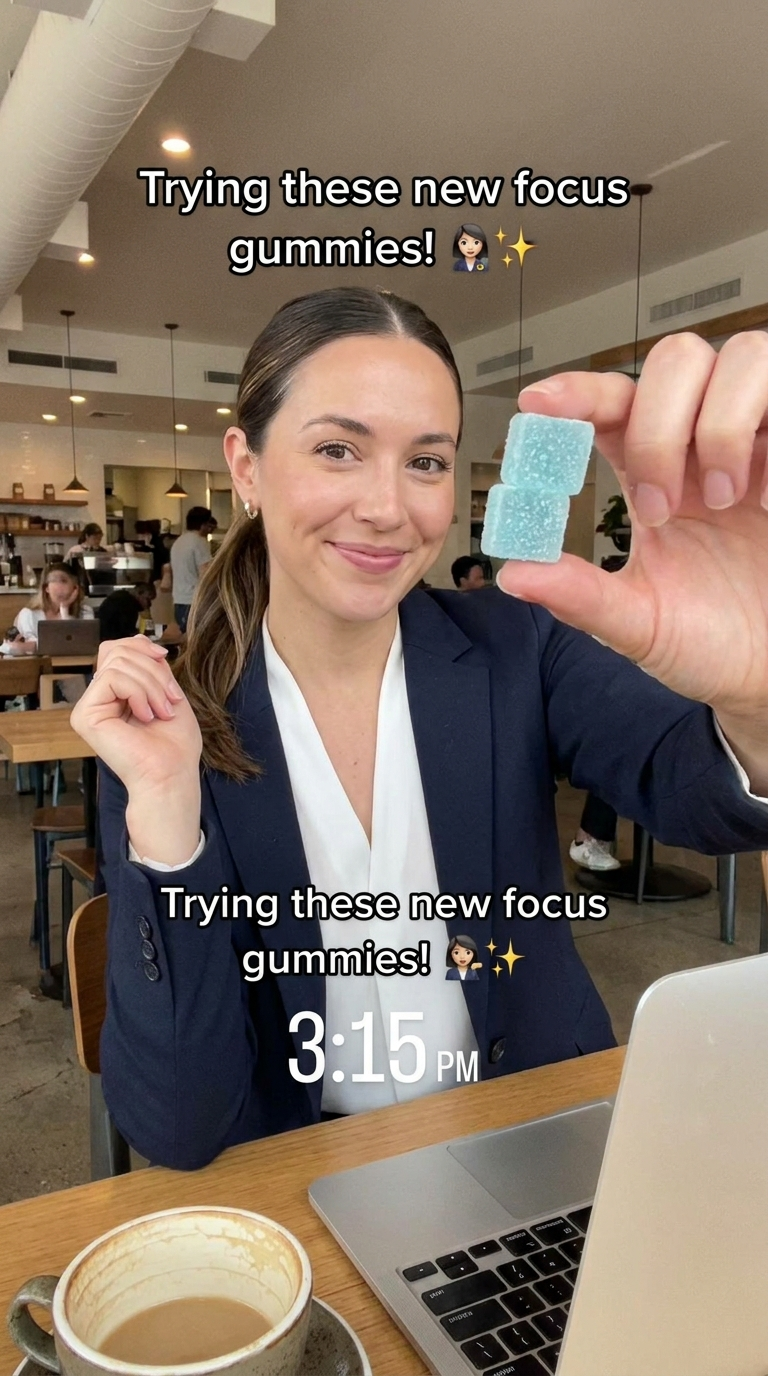 A consultant holding Dawnly Focus+ gummies in a co-working space.